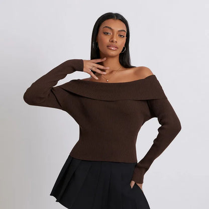 Top Women Off Shoulder Knit Sweaters Crop Tops Spring Autumn Clothes Elegant Long Sleeve Solid Color Slim Ribbed Sweaters