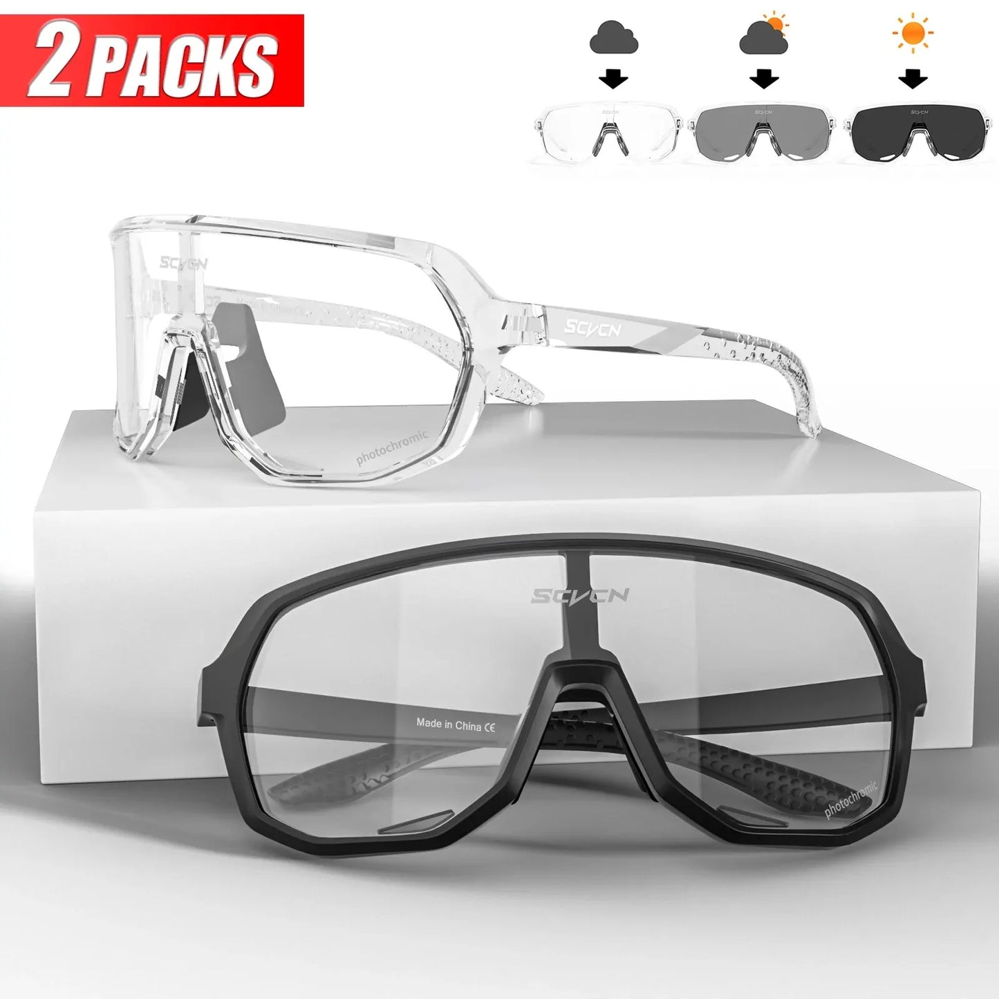 2 Packs Photochromic Cycling Glasses Outdoor Sports Bicycle Sunglasses Men MTB Cycling Goggles Women Road Bike Eyewear