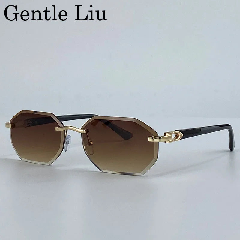 Small Frame Hexagon Rimless Sunglasses Men 2025 Luxury Brand Rectangle Sun Glasses Male Retro Cutting Lens Vintage Eyewear UV400