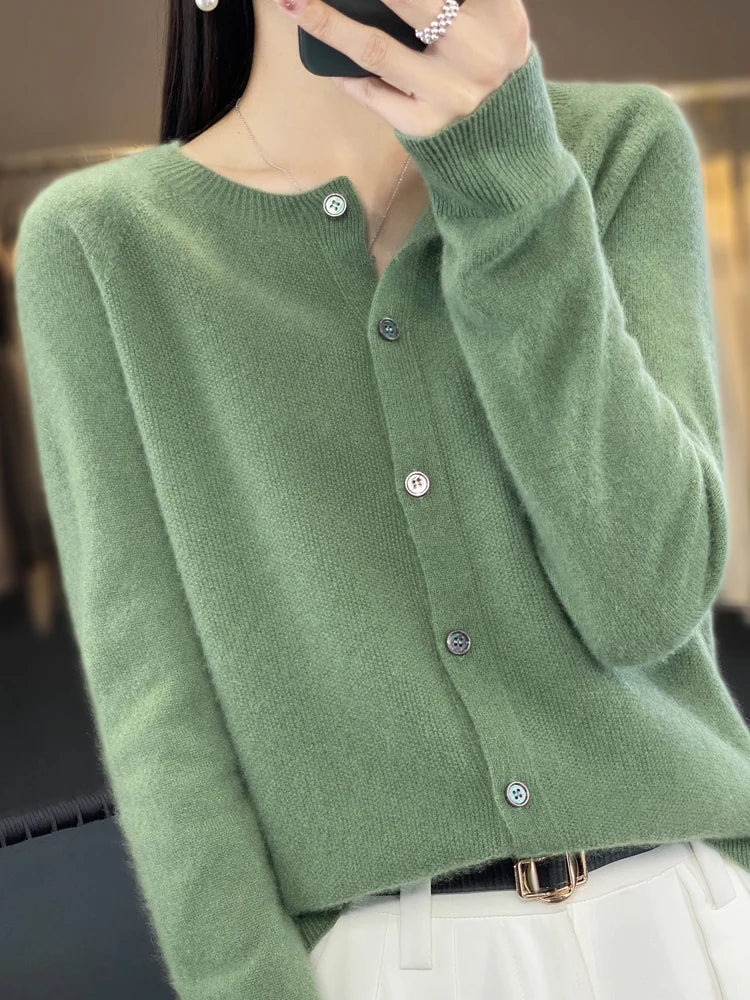 Long Sleeve 100% Merino Wool Sweaters Cashmere Cardigan Spring Autumn Women O-Neck Knitwear Tops Clothing Fashion Basic Tops