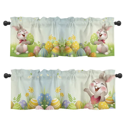 Easter Curtain Decorative for Kitchen Living Room Window Decor Rabbit Flowers Plant Retro Small Window Short Curtain 137x45cm