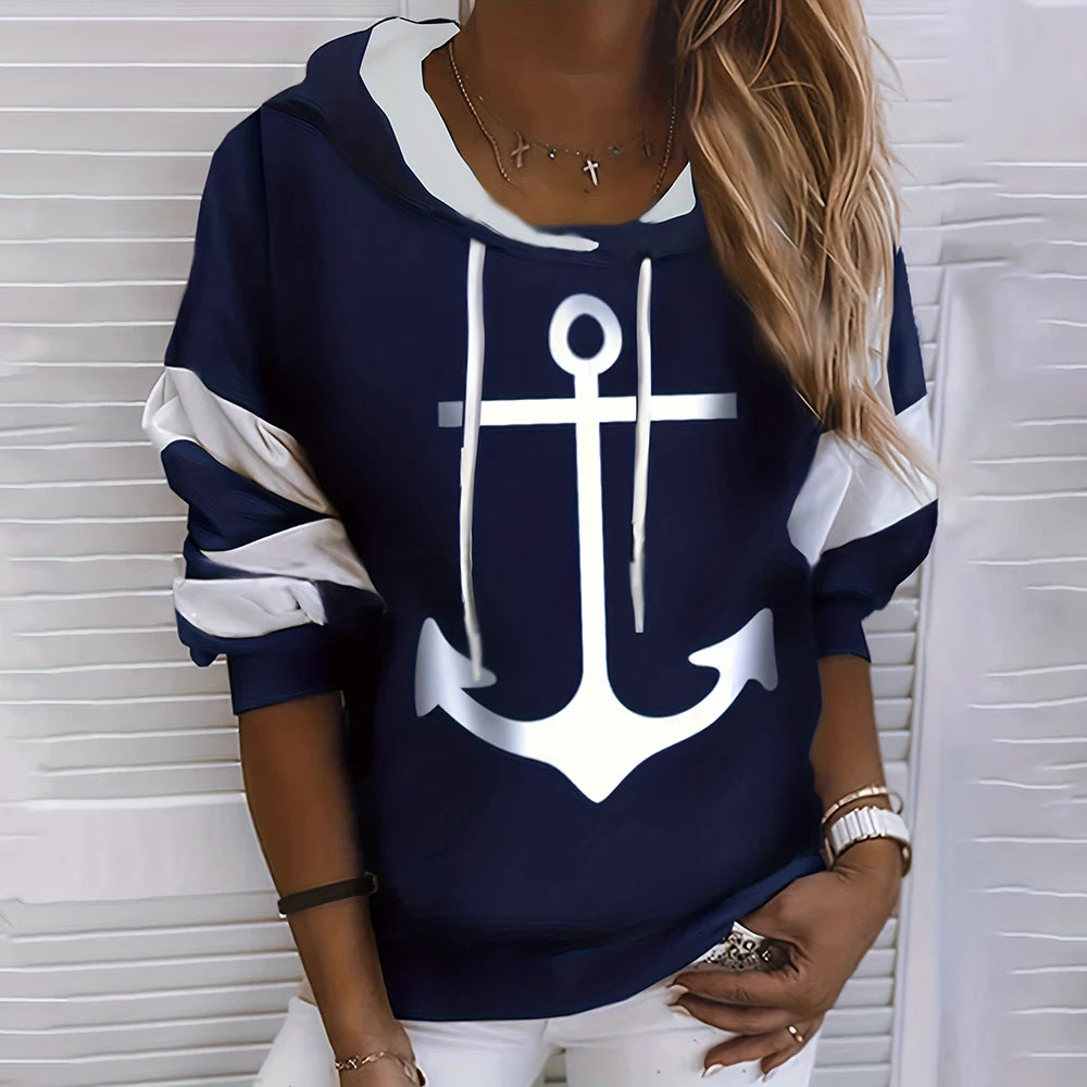 Anchor Stripe Designer Women's Hoodie 2024 Fall New Women's Sweatshirts Fashion Street Female Y2K Clothes Loose Pullover Hoodies