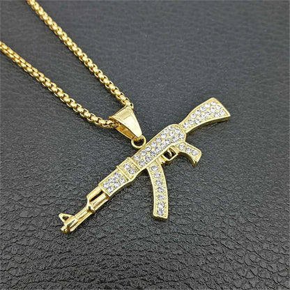 Hip Hop Iced Out Bling AK47 Gun Pendant With Chain Gold Color Stainless Steel Military Necklace For Men Women Jewelry Gift