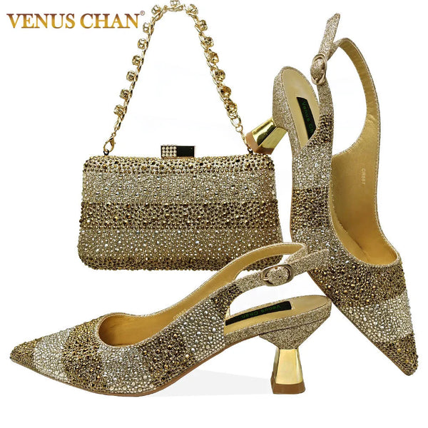 Venus Chan 2024 Hot Selling INS Pointed-Toe Luxury Style High Heels Sandal With Bag Set in Gold Color For Wedding Party Women