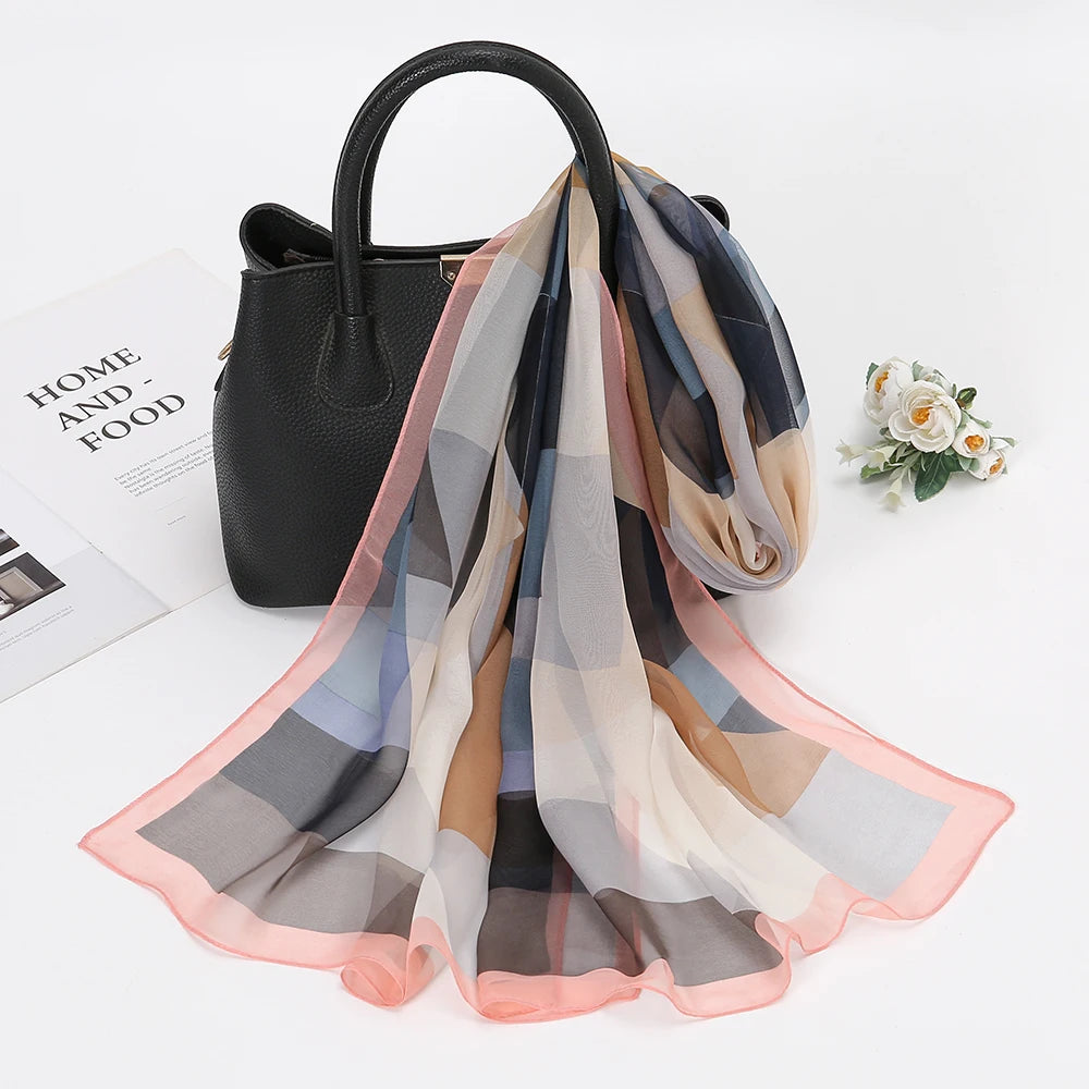 Silk Scarf Chiffon HIjabs for Women Elegant Woman Shawls Wraps Geometric Print Beach Stole Scarves Foulard Femme Hijab 150*50Cm