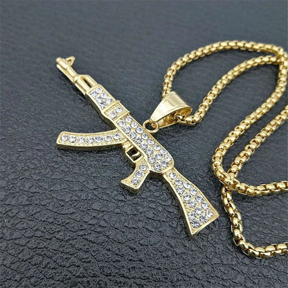 Hip Hop Iced Out Bling AK47 Gun Pendant With Chain Gold Color Stainless Steel Military Necklace For Men Women Jewelry Gift