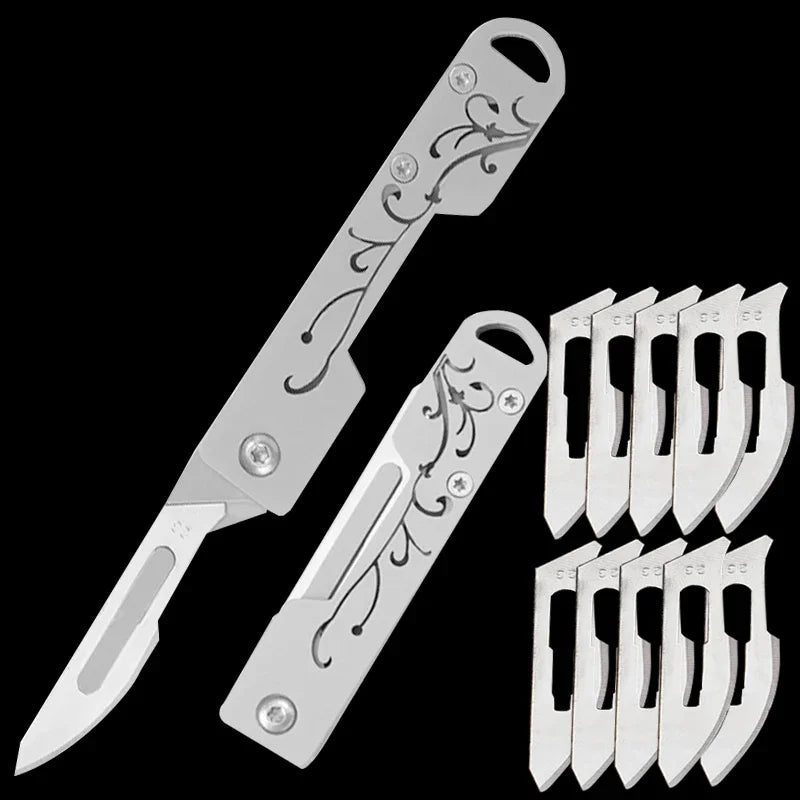 Stainless Steel Folding Knife Keychain Pocket Knife Surgical Mini Knife Replaceable Blades Sharp Multifunctional Knife Tool