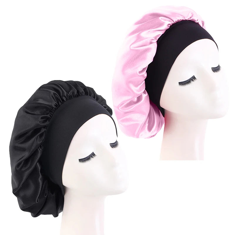 New Satin Sleeping Cap for Women Wide Elastic Band Shower Caps for Natural Long Curly Hair Bathroom Accessories