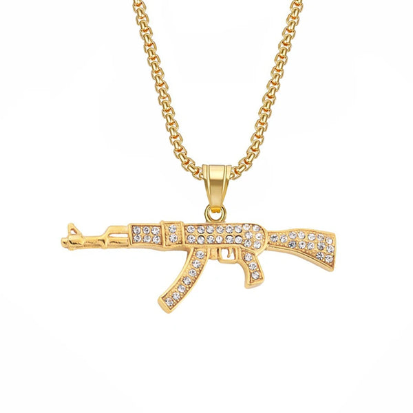 Hip Hop Iced Out Bling AK47 Gun Pendant With Chain Gold Color Stainless Steel Military Necklace For Men Women Jewelry Gift