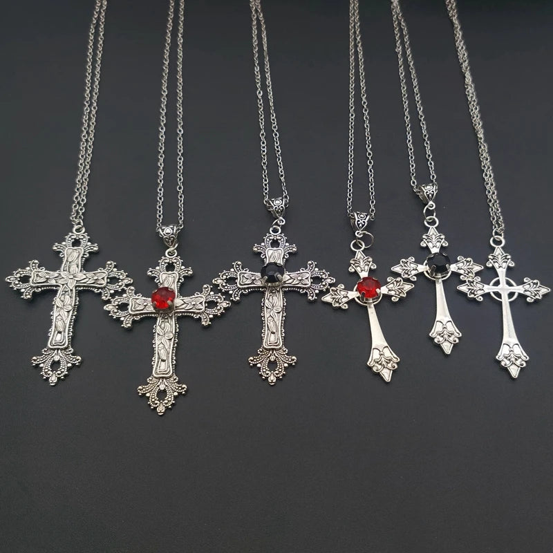 Large Detailed Cross Drill Pendant Jewel Necklace Silver Color Tone Gothic Punk Jewellery Fashion Charm Statement Women Gift(Red