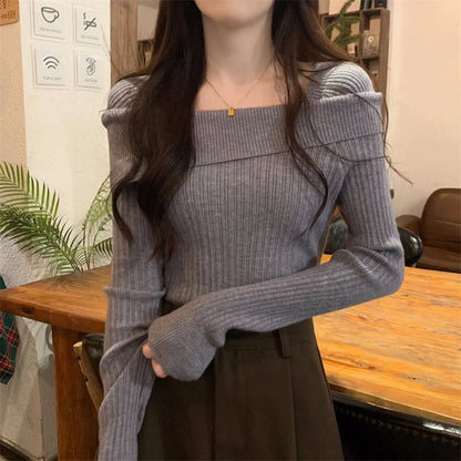 Korean Solid Knitted Women Shirt Spring Slash Neck Patchwork New Female Blouse Fashion All Match Thin Long Sleeve Ladies Tops