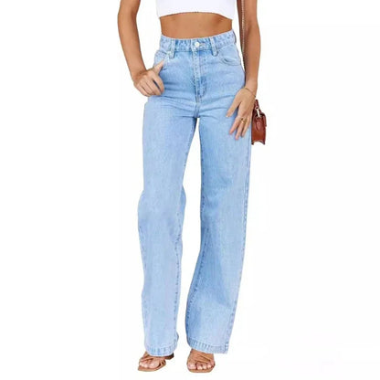 Jeans Women Denim Pant Wide Leg Long Pants Straight Trousers High Waist Elegant Y2k Button Pocket Simple Casual Loose Streetwear