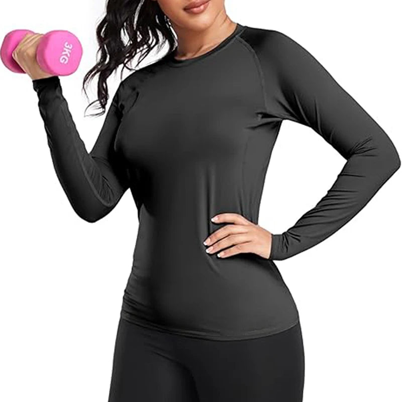 Women's Compression Shirt Athletic Yoga Running Long Sleeve T-Shirt Spring Fall Gym Workout Stretchy Baselayers Rash Guard Tops