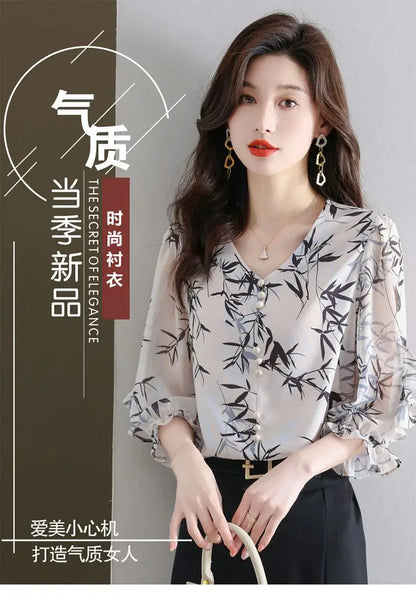 Summer Elegant Fashion Printed 3/4 Sleeve Shirt Women's Clothing Commute Loose Beading Spliced V-Neck Chiffon Blouse for Female