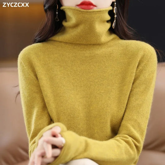 100% Merino Wool Turtleneck Pullover Knitwear Women's New Autumn And Winter Warm Sweater Women's Solid Color Pile Neck Sweater