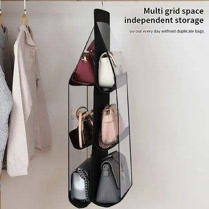 Foldable Oxford Fabric Handbag Organizer: 6-Pocket Storage for Black Handbags, Ideal for Family Closet & Bedroom Use.