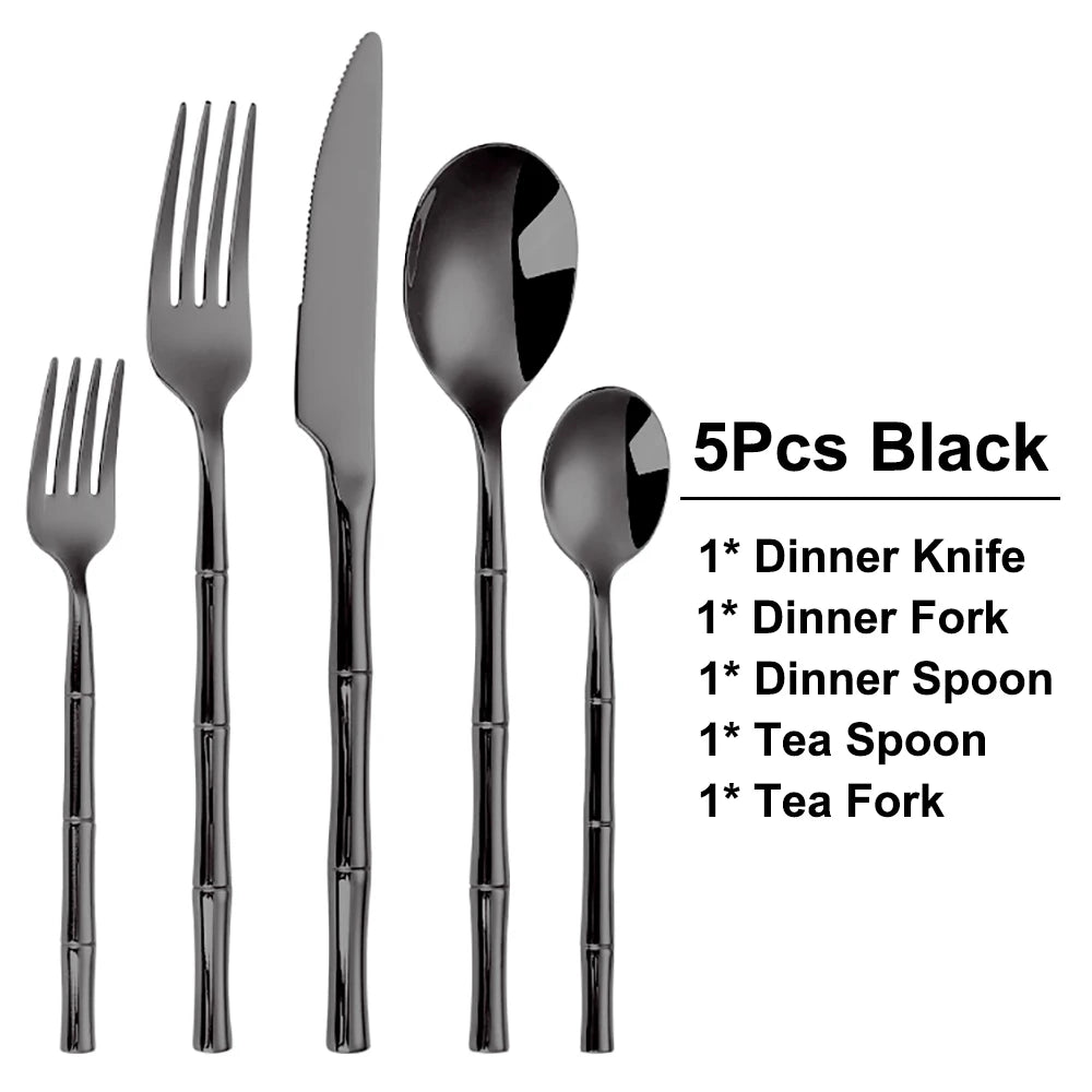 10/15/20/25/30pcs Sliver Dinner Set Stainless Steel Western Tableware Mirror Cutlery Bamboo Style Spoon Fork Kitchen Utensils