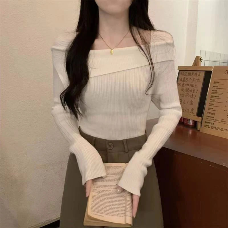 Autumn Winter New Women Sweater Korean Chic Casual All Match Slim Temperament Knitted Pullover Female Slash Neck Jumpers