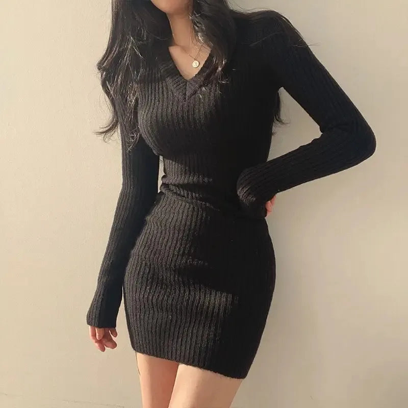 Women Knit Slim Sexy Bodycon Dress V-Neck Long Sleeve Dress Solid Casual Midi Sweater Dress For Women 2024 Autumn Winter