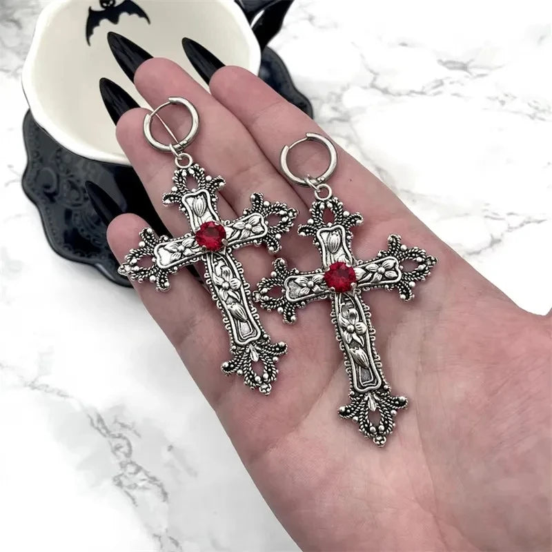 Gothic Large Silver Colour Tone Jewel Cross Earrings with Black Punk Hallowmas Jewellery Gorgeous Wedding Statement Women