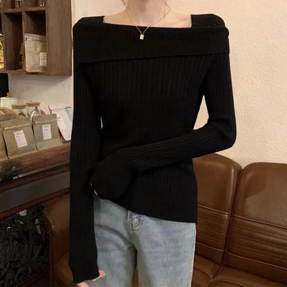 POCZCIY Women Slim Off Shoulder Knit Sweater Slash Neck Long Sleeve Knitwear Jumpers Office Sweater For Women 2024 Autumn Winter