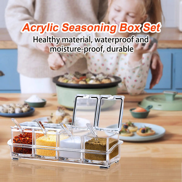 Four in one PET high transparency plastic seasoning box set for kitchen and household use with spoon seasoning bottle