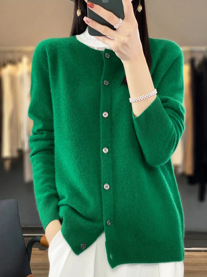 Long Sleeve 100% Merino Wool Sweaters Cashmere Cardigan Spring Autumn Women O-Neck Knitwear Tops Clothing Fashion Basic Tops