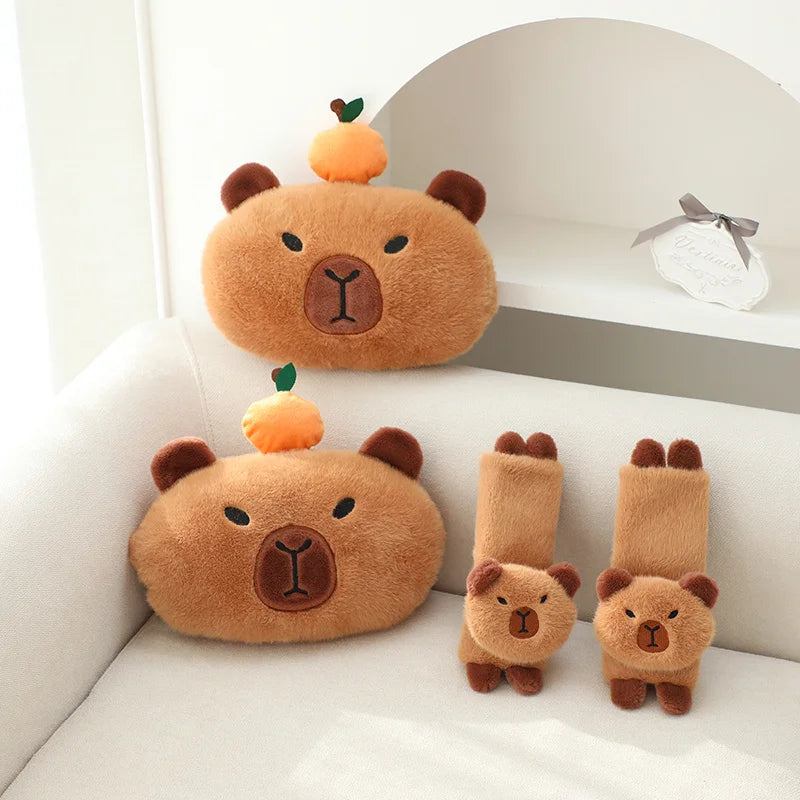 Cute Capybara Plush Car Pillow Rearview Mirror Tissue Box Car Headrest Shoulder Cover Combination Of Car Supplies Decoration Car