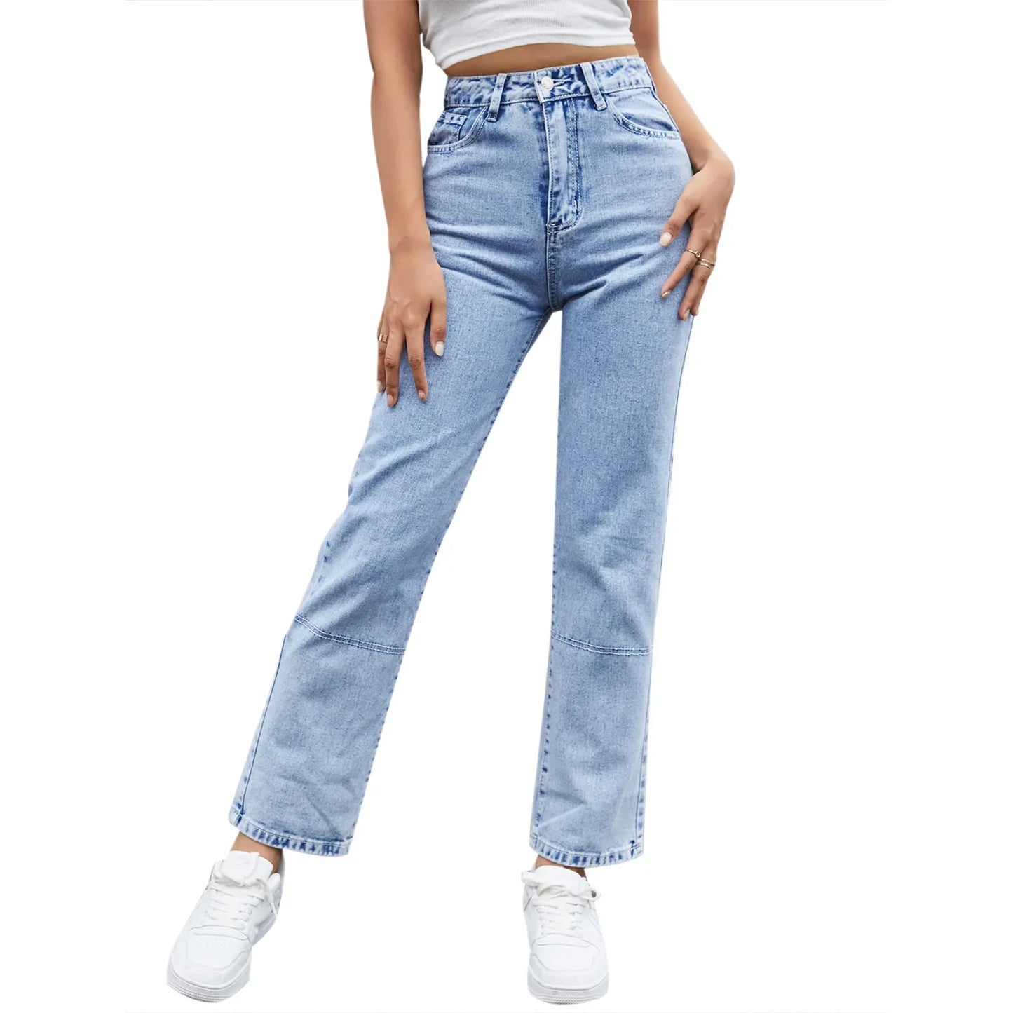 Spliced Ankle Length Straight Pants Women Jeans Loose Fit Denim High Waist Zipper Fly Jean Pockets Streetwear 2025 Vintage