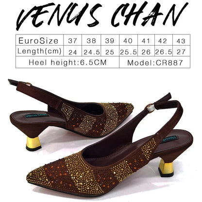 Venus Chan 2024 Hot Selling INS Pointed-Toe Luxury Style High Heels Sandal With Bag Set in Gold Color For Wedding Party Women