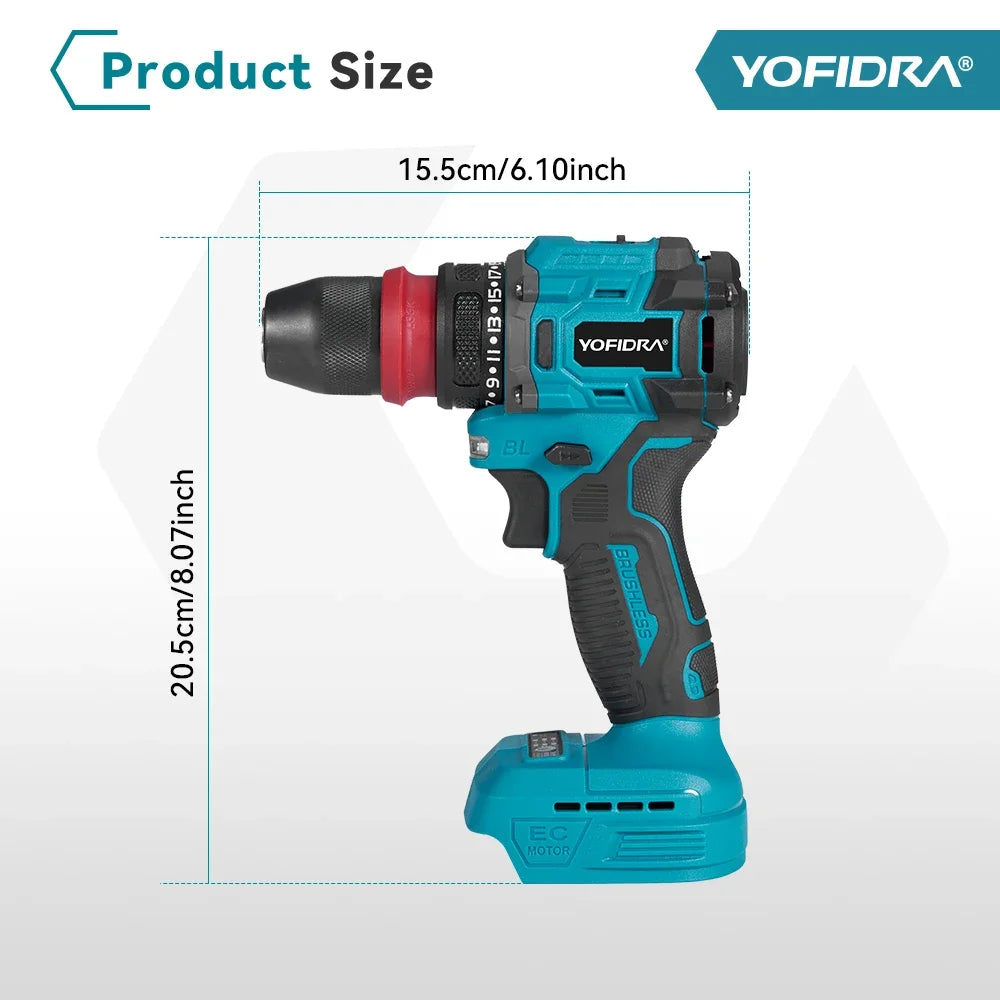 YOFIDRA 2 in1 Brushless Electric Screwdriver Hammer Cordless Drill Impact Multifunctional Power Tool  For Makita 18V Battery