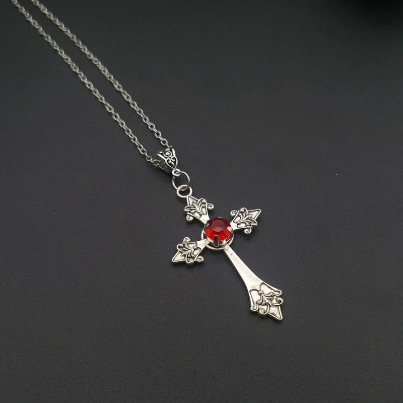 Large Detailed Cross Drill Pendant Jewel Necklace Silver Color Tone Gothic Punk Jewellery Fashion Charm Statement Women Gift(Red