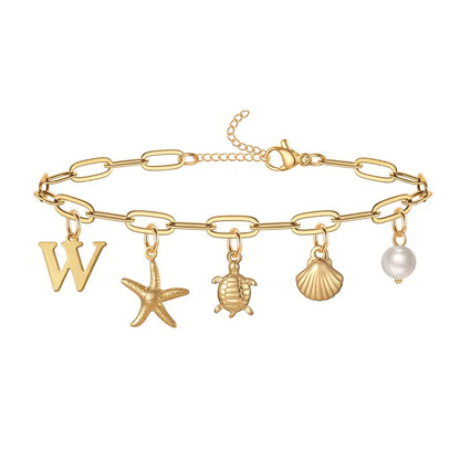 Stainless Steel Starfish Shell Bracelets Bohemian Ocean Beach 26 Letters Combination Hand Chain Sets Jewellery Women Gifts