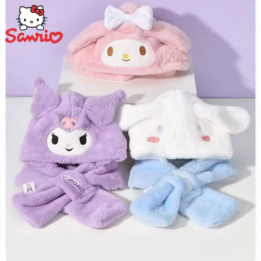 Cute Kuromi Anime Sanrio Childrencinnamorol Winter Windproof Hat Scarf Three Piece Set Cartoon Girl Comfortable Plush Warm Scarf