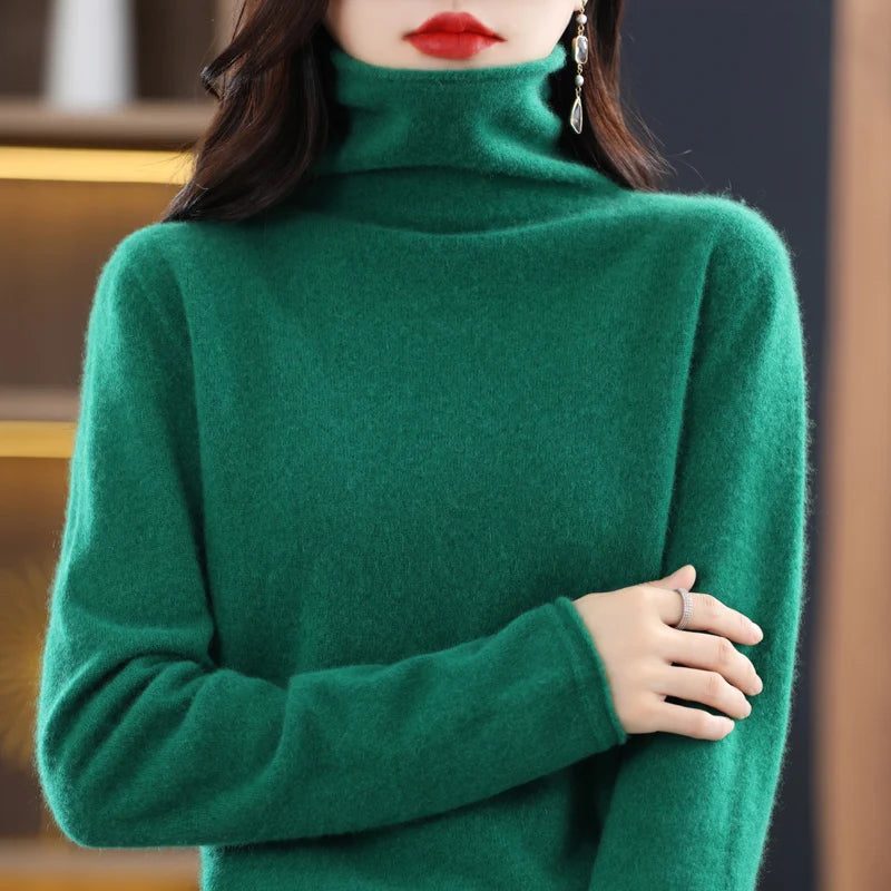 100% Merino Wool Turtleneck Pullover Knitwear Women's New Autumn And Winter Warm Sweater Women's Solid Color Pile Neck Sweater