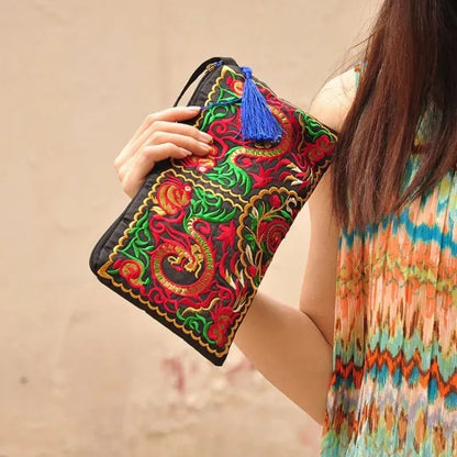 Ethnic Floral Embroidery Square Wallet with Wristlet Clutch Evening Bag - Perfect for Organizing Your Cell Phone and Essentials