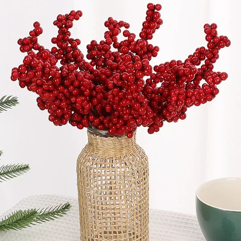 Christmas Red Berries Branch Fake Plants Flowers Artificial Holly Berry Stamen Wreath Ornaments for Xmas Tree Party Home Decor