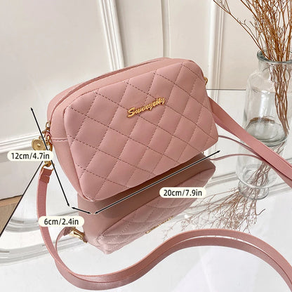 #228 Diamond-shaped quilted zipper square bag, metal lettering shoulder bag, fashionable woman shoulder bag, camera casual bag