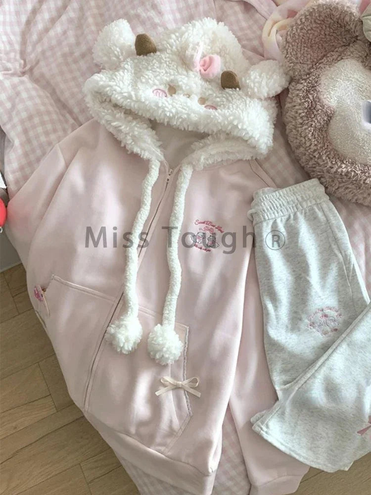 Autumn Kawaii Sweet Long Sleeve Loose Coat Women Japanese Cute Zipper Embroidery Hoodie Female Casual Chic Solid Lovely Overcoat