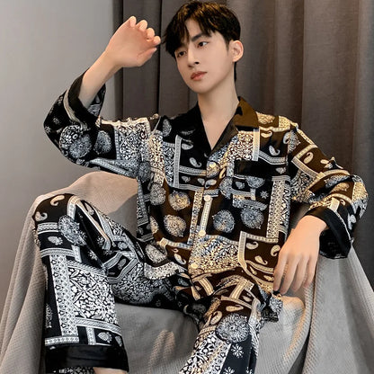 Satin Sleepwear Luxury Print Trousers Suit Male's Home Clothes Long Sleeve Trousers Set Men Casual Nightwear Fashion Outwear