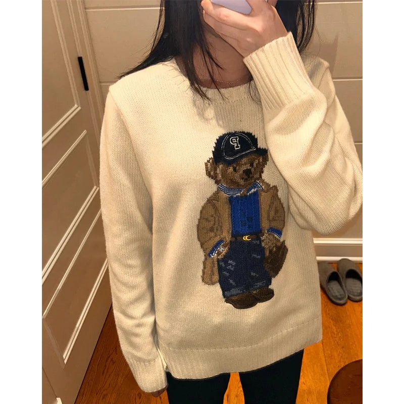 Crochet Bear Knit Sweater Pullover Women Jacquard Knitwear 2024 Autumn Winter RL Tops Coat Luxury Designer Brand Lauren Clothing