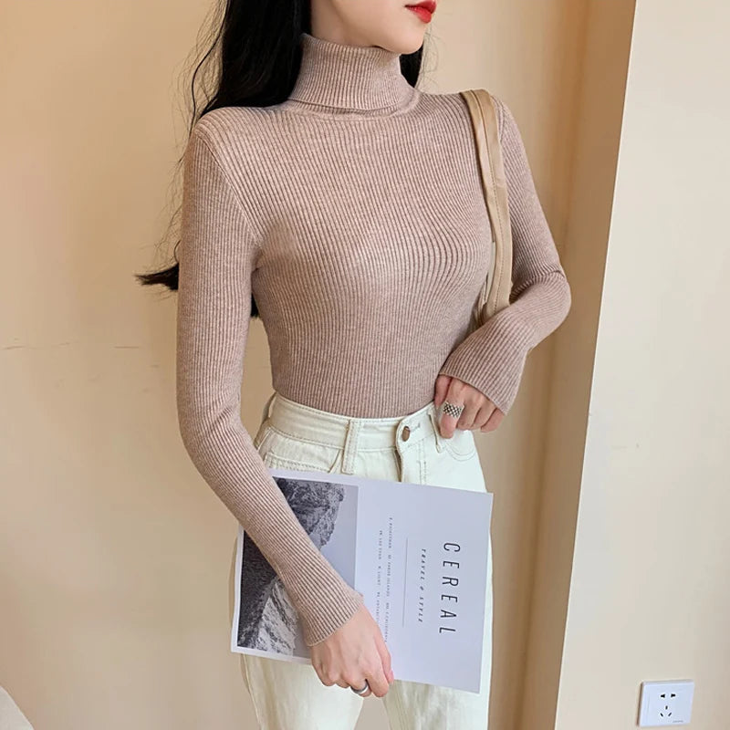 2024 Autumn Winter Women Long Sleeve Knitted Foldover Turtleneck Ribbed Pull Sweater Soft Warm Femme Jumper Pullover Clothes