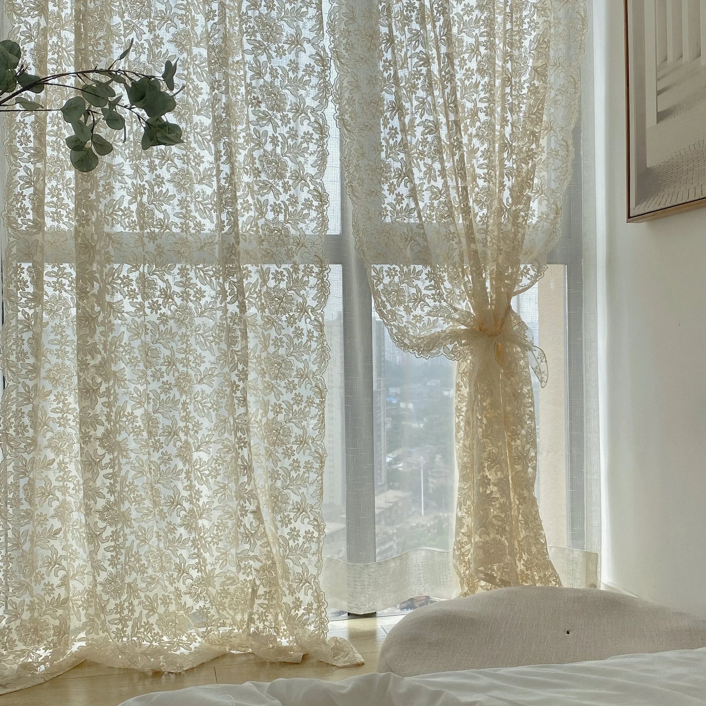 French Embroidery White Tulle Curtains Lace Gauze for Living Room Bedroom Cream Retro Wavy Edge Bay Window Girl Curtain Door