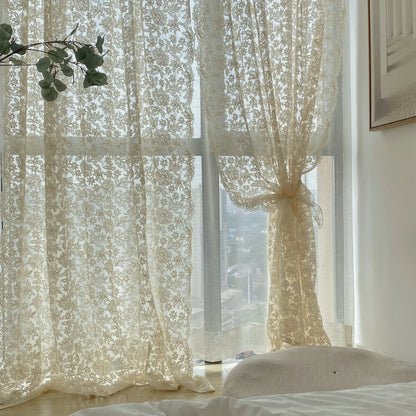 French Embroidery White Tulle Curtains Lace Gauze for Living Room Bedroom Cream Retro Wavy Edge Bay Window Girl Curtain Door