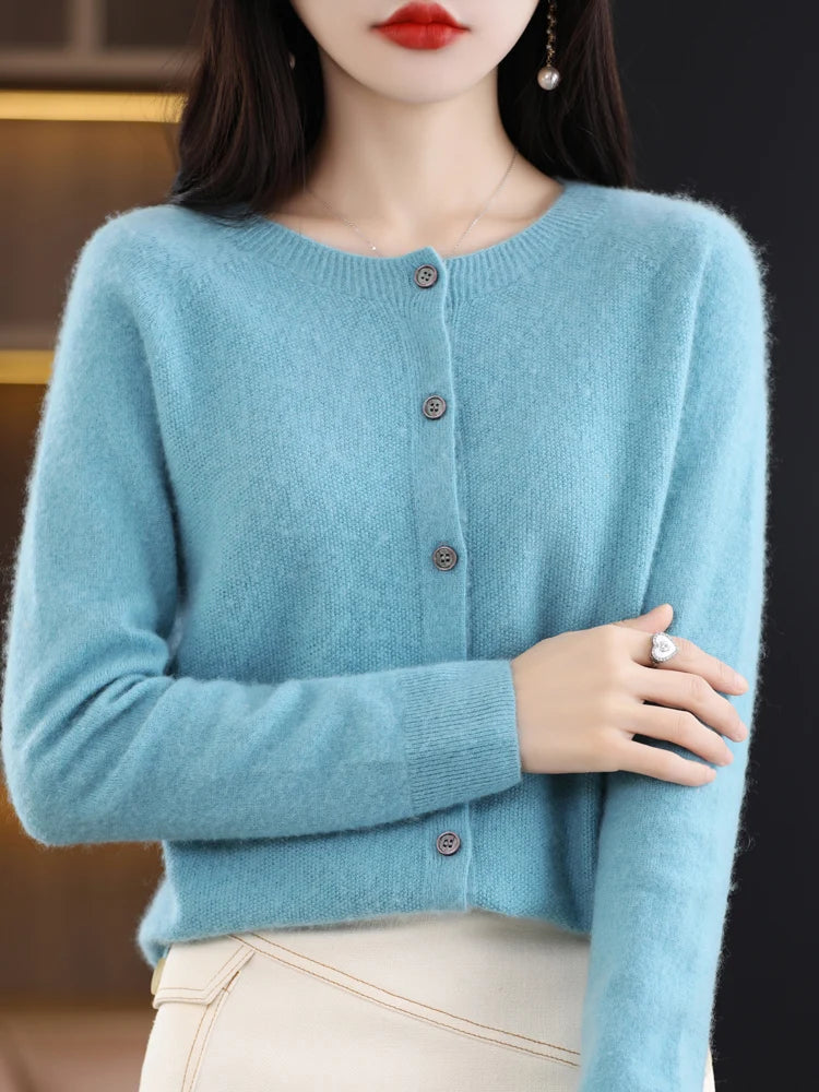 Long Sleeve 100% Merino Wool Sweaters Cashmere Cardigan Spring Autumn Women O-Neck Knitwear Tops Clothing Fashion Basic Tops