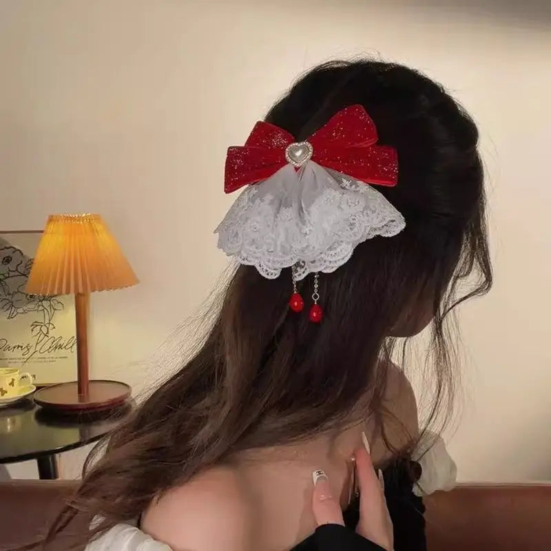 1pc Sweet temperament, lace red bow, one line clip, runaway princess, broken diamond hair clip, back of the head clip headband