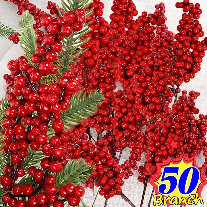 Christmas Red Berries Branch Fake Plants Flowers Artificial Holly Berry Stamen Wreath Ornaments for Xmas Tree Party Home Decor