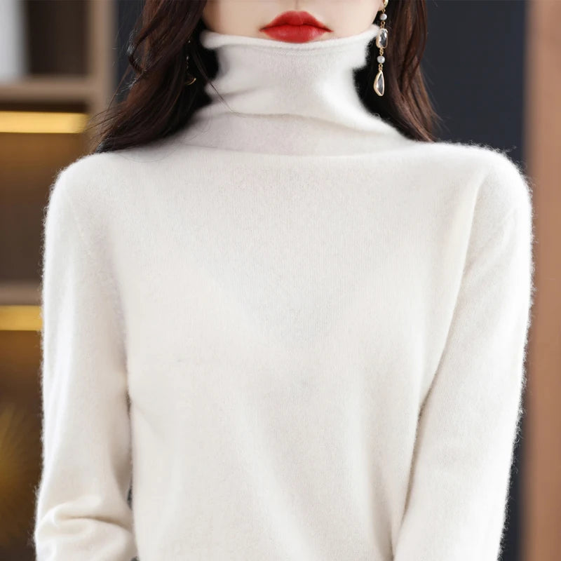 100% Merino Wool Turtleneck Pullover Knitwear Women's New Autumn And Winter Warm Sweater Women's Solid Color Pile Neck Sweater