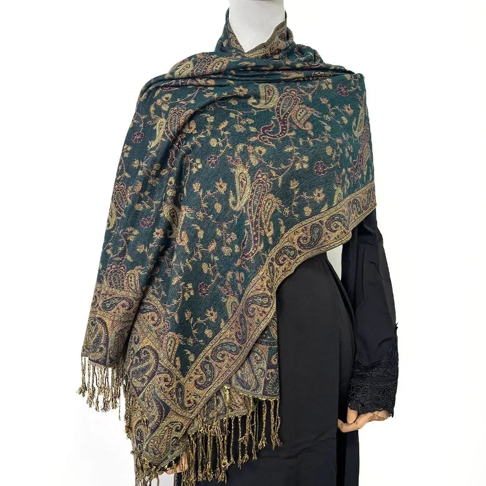 Fashion Ladies Paisley Kashmiri Imitated Pashmina Tassel Scarf Hijab Knitted Jacquard Bauhinia Vintage Scarf 180*70cm