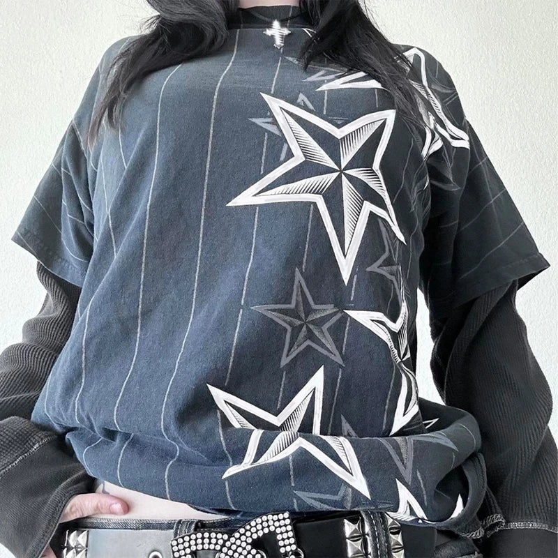 Y2K Grunge Emo Vintage T-shirt 2000s Cross Cyber Goth Patchwork Long Sleeve Tees E-girl Gothic Harajuku Loose Tops Women Men